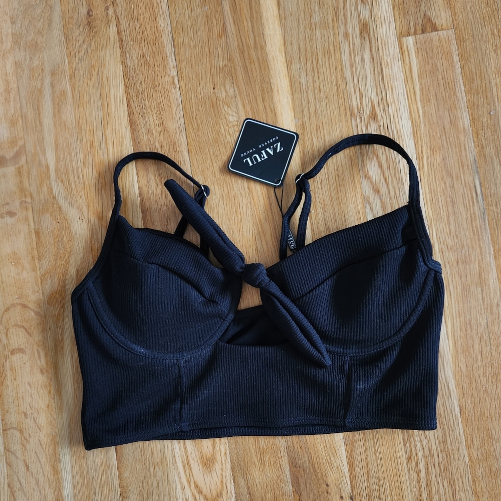 Black bikini top with adjustable straps and underwire